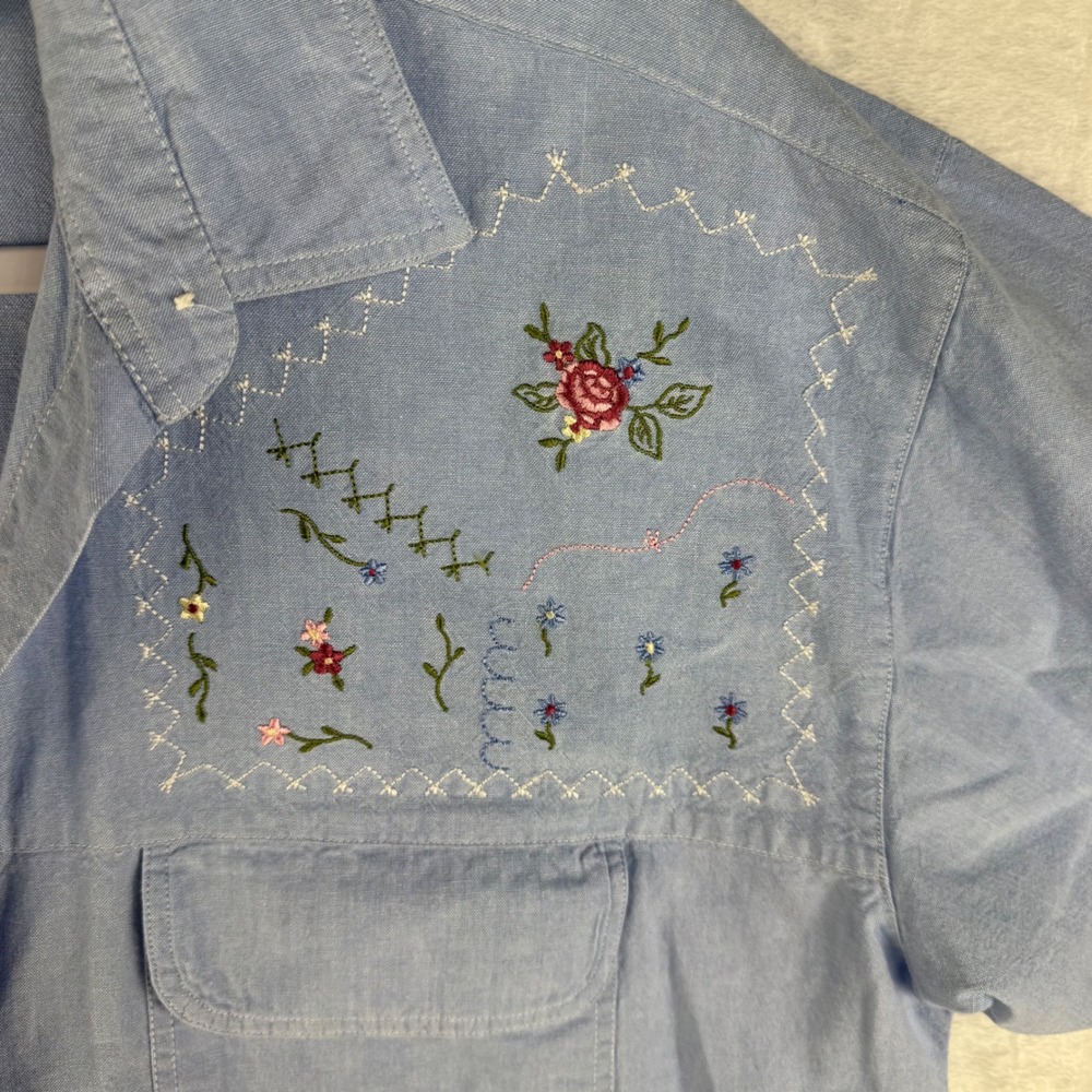 New Look Vintage 100% Cotton Floral Embroidered Short Sleeve Button Down Shirt L - Picture 5 of 6